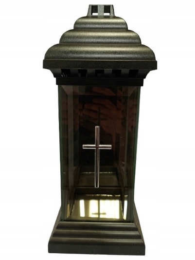 Sklenná lampa s kaplnkou a veľkým strieborným krížom, výška 34 cm